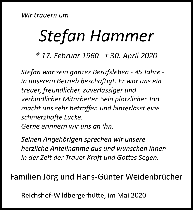  Traueranzeige für Stefan Hammer vom 15.05.2020 aus  Lokalanzeiger 