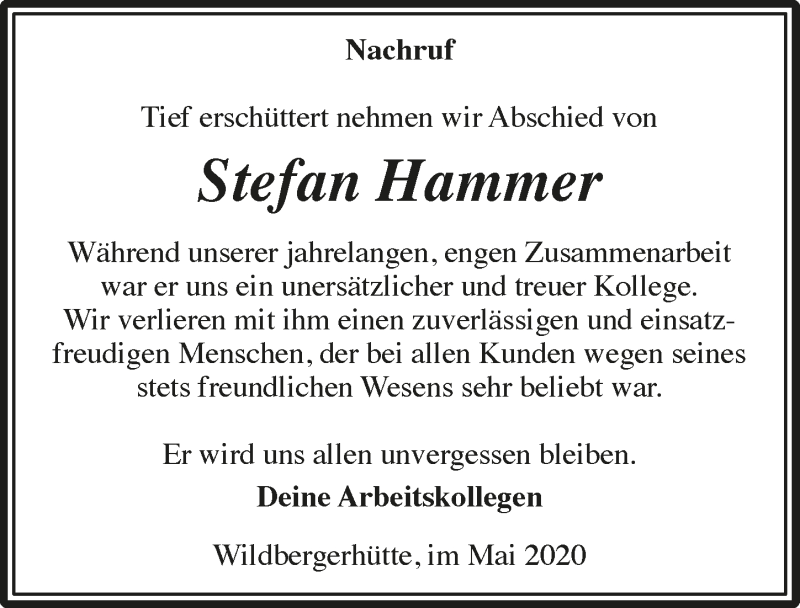 Traueranzeige für Stefan Hammer vom 15.05.2020 aus  Lokalanzeiger 