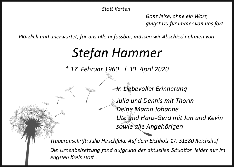  Traueranzeige für Stefan Hammer vom 15.05.2020 aus  Anzeigen Echo 