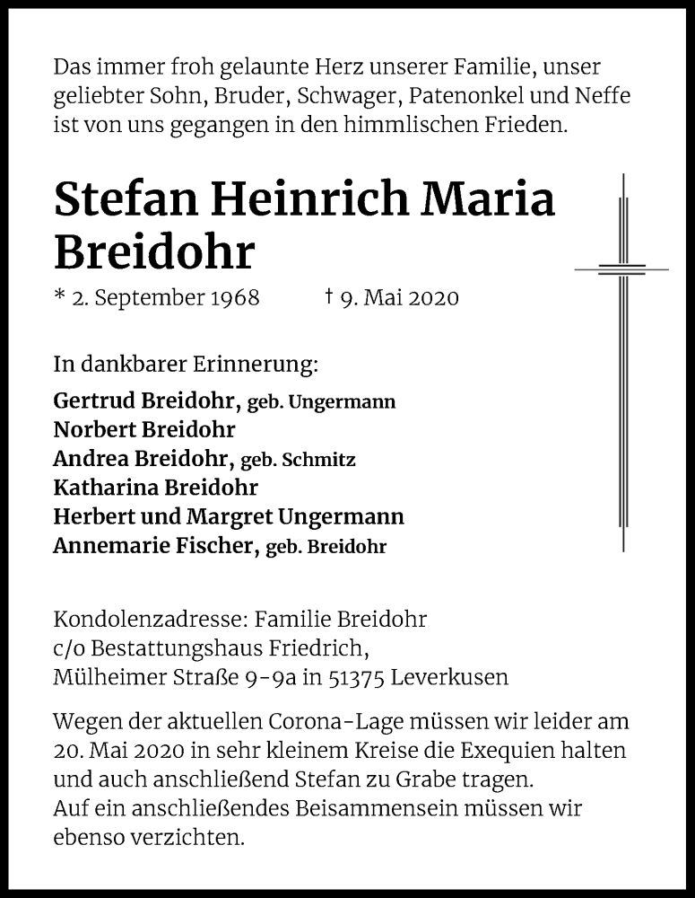  Traueranzeige für Stefan Heinrich Maria Breidohr vom 16.05.2020 aus Kölner Stadt-Anzeiger / Kölnische Rundschau / Express