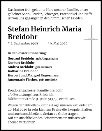 Anzeige von Stefan Heinrich Maria Breidohr von Kölner Stadt-Anzeiger / Kölnische Rundschau / Express