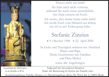 Anzeige von Stefanie Zinzius von Kölner Stadt-Anzeiger / Kölnische Rundschau / Express