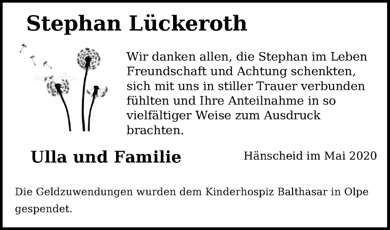  Traueranzeige für Stephan Lückeroth vom 18.05.2020 aus Kölner Stadt-Anzeiger / Kölnische Rundschau / Express