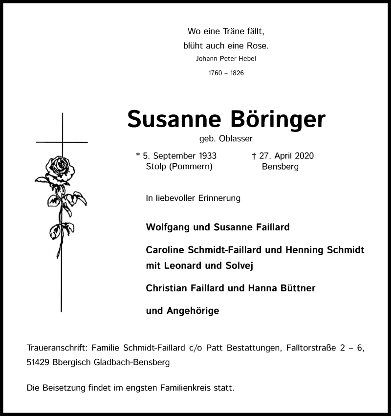  Traueranzeige für Susanne Böringer vom 02.05.2020 aus Kölner Stadt-Anzeiger / Kölnische Rundschau / Express