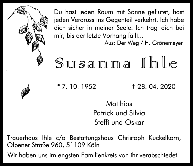  Traueranzeige für Susanne Ihle vom 23.05.2020 aus Kölner Stadt-Anzeiger / Kölnische Rundschau / Express