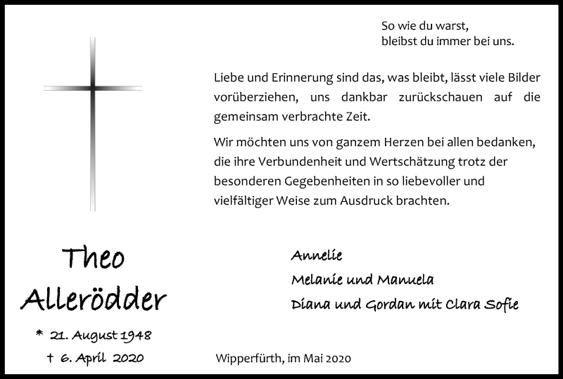  Traueranzeige für Theo Allerödder vom 30.05.2020 aus Kölner Stadt-Anzeiger / Kölnische Rundschau / Express