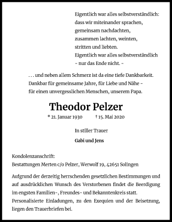 Anzeige von Theodor Pelzer von Kölner Stadt-Anzeiger / Kölnische Rundschau / Express