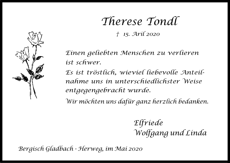  Traueranzeige für Therese Tondl vom 16.05.2020 aus Kölner Stadt-Anzeiger / Kölnische Rundschau / Express