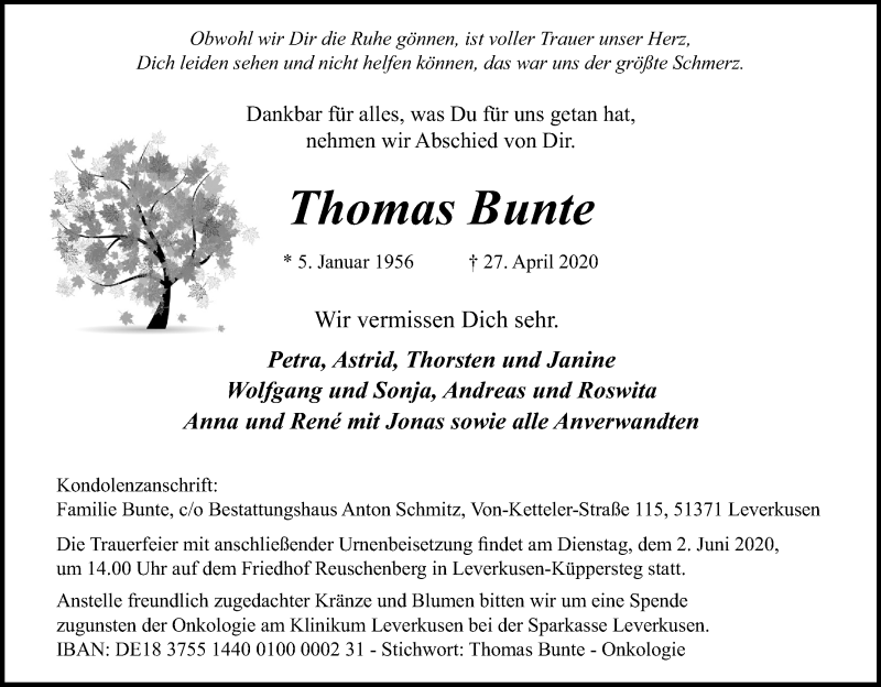  Traueranzeige für Thomas Bunte vom 09.05.2020 aus Kölner Stadt-Anzeiger / Kölnische Rundschau / Express