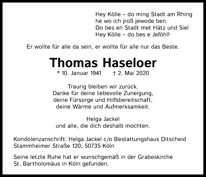  Traueranzeige für Thomas Haseloer vom 23.05.2020 aus Kölner Stadt-Anzeiger / Kölnische Rundschau / Express