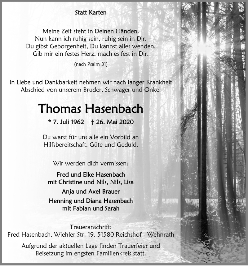  Traueranzeige für Thomas Hasenbach vom 29.05.2020 aus  Lokalanzeiger 