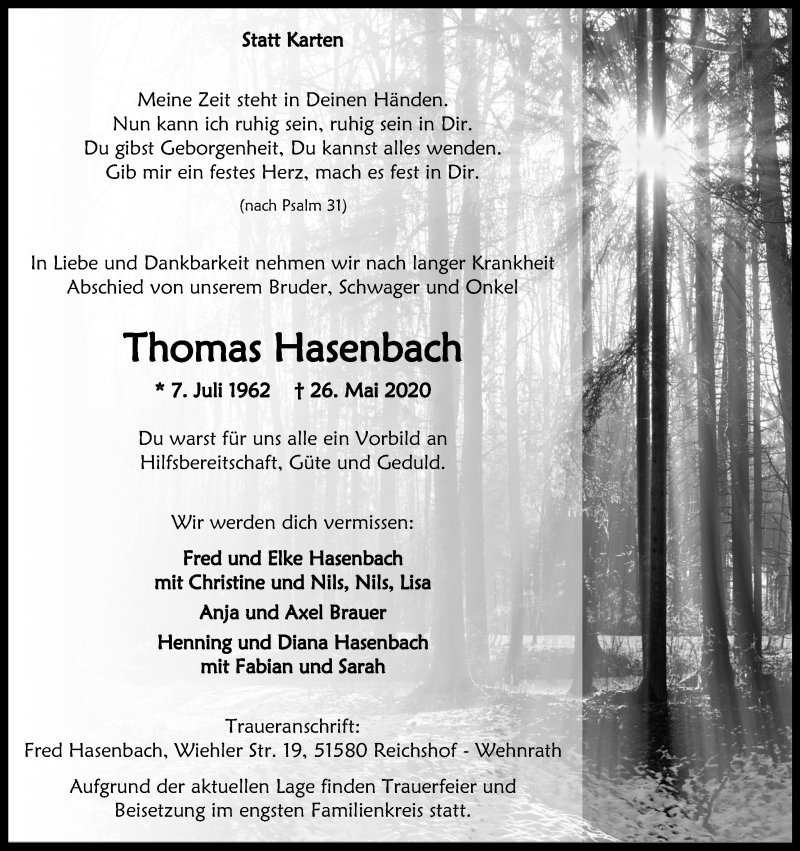  Traueranzeige für Thomas Hasenbach vom 30.05.2020 aus Kölner Stadt-Anzeiger / Kölnische Rundschau / Express