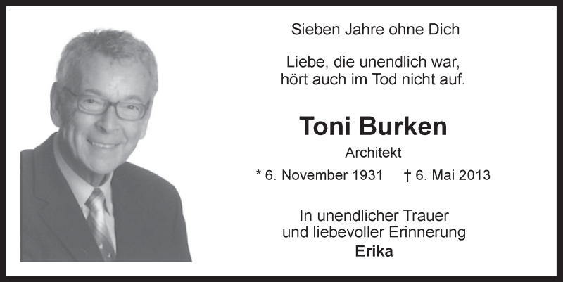  Traueranzeige für Toni Burken vom 08.05.2020 aus  Kölner Wochenspiegel 