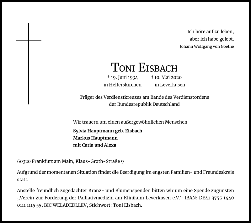  Traueranzeige für Toni Eisbach vom 16.05.2020 aus Kölner Stadt-Anzeiger / Kölnische Rundschau / Express