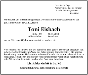 Anzeige von Toni Eisbach von Kölner Stadt-Anzeiger / Kölnische Rundschau / Express