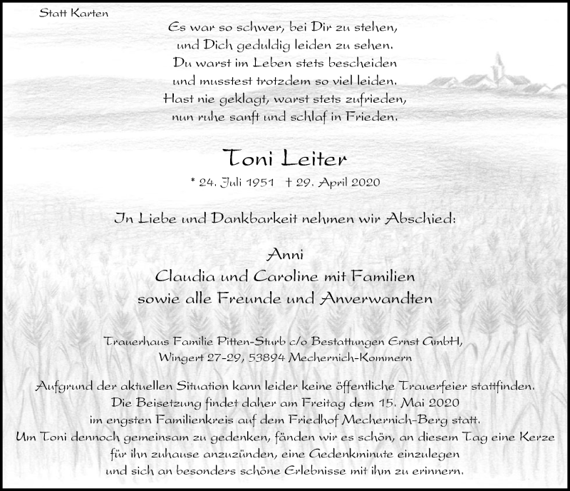  Traueranzeige für Toni Leiter vom 09.05.2020 aus  Blickpunkt Euskirchen 