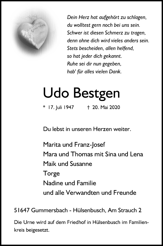  Traueranzeige für Udo Bestgen vom 30.05.2020 aus Kölner Stadt-Anzeiger / Kölnische Rundschau / Express