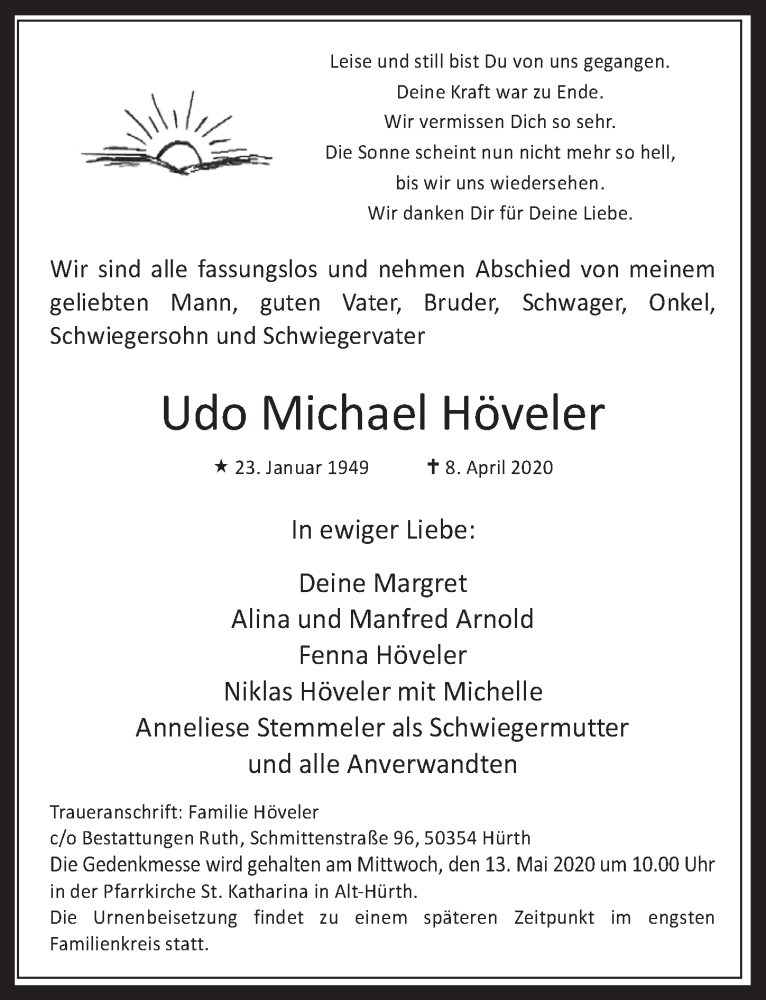  Traueranzeige für Udo Michael Höveler vom 08.05.2020 aus  Wochenende 