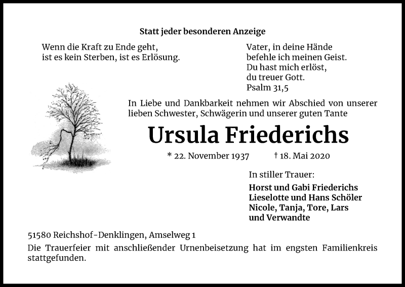  Traueranzeige für Ursula Friederichs vom 30.05.2020 aus Kölner Stadt-Anzeiger / Kölnische Rundschau / Express