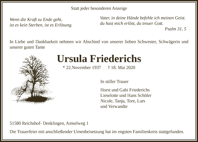  Traueranzeige für Ursula Friederichs vom 29.05.2020 aus  Lokalanzeiger 