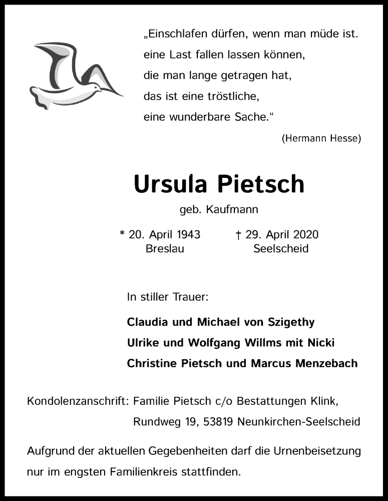  Traueranzeige für Ursula Pietsch vom 02.05.2020 aus Kölner Stadt-Anzeiger / Kölnische Rundschau / Express