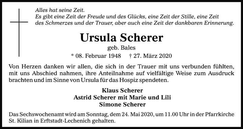  Traueranzeige für Ursula Scherer vom 16.05.2020 aus Kölner Stadt-Anzeiger / Kölnische Rundschau / Express