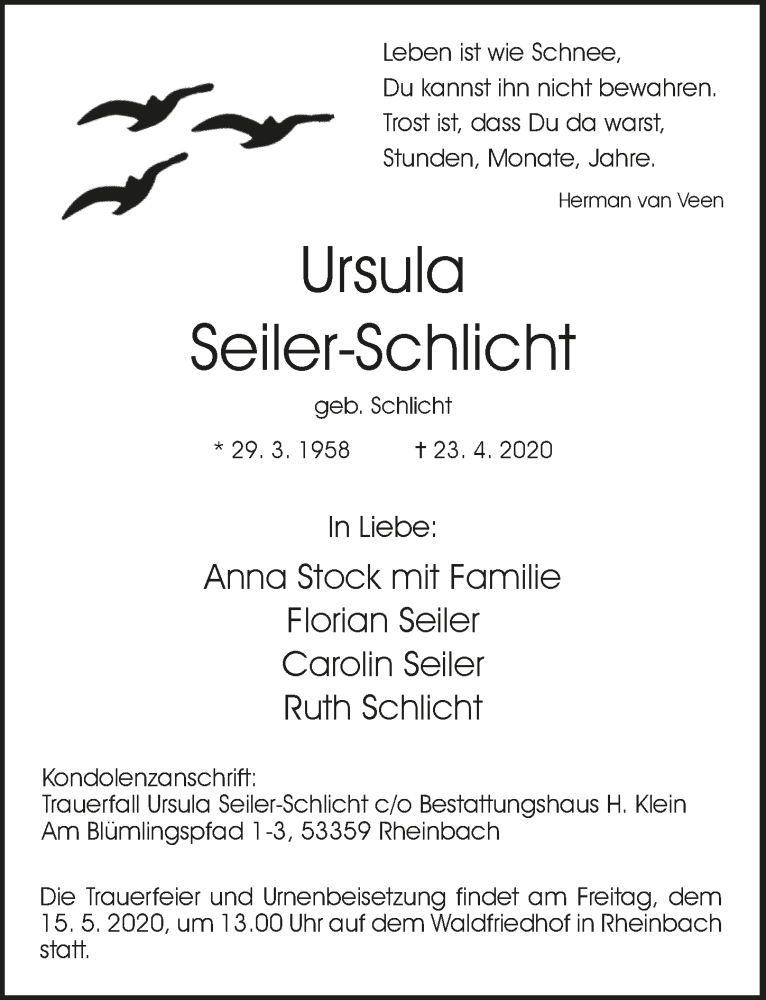  Traueranzeige für Ursula Seiler-Schlicht vom 09.05.2020 aus  Schaufenster/Blickpunkt 