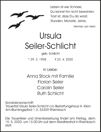 Anzeige von Ursula Seiler-Schlicht von  Schaufenster/Blickpunkt 