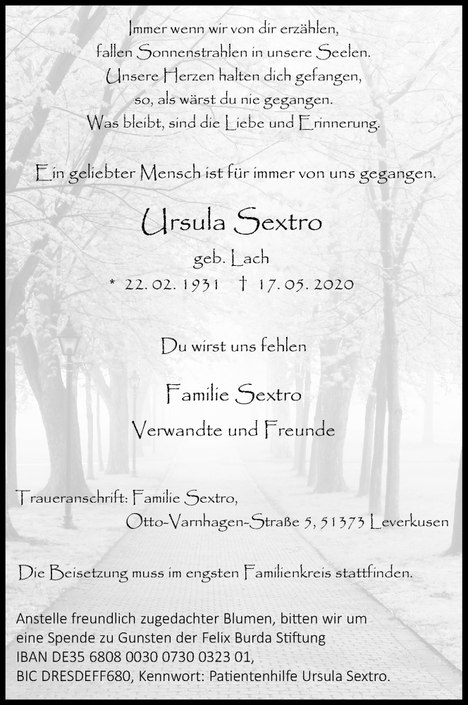  Traueranzeige für Ursula Sextro vom 23.05.2020 aus Kölner Stadt-Anzeiger / Kölnische Rundschau / Express