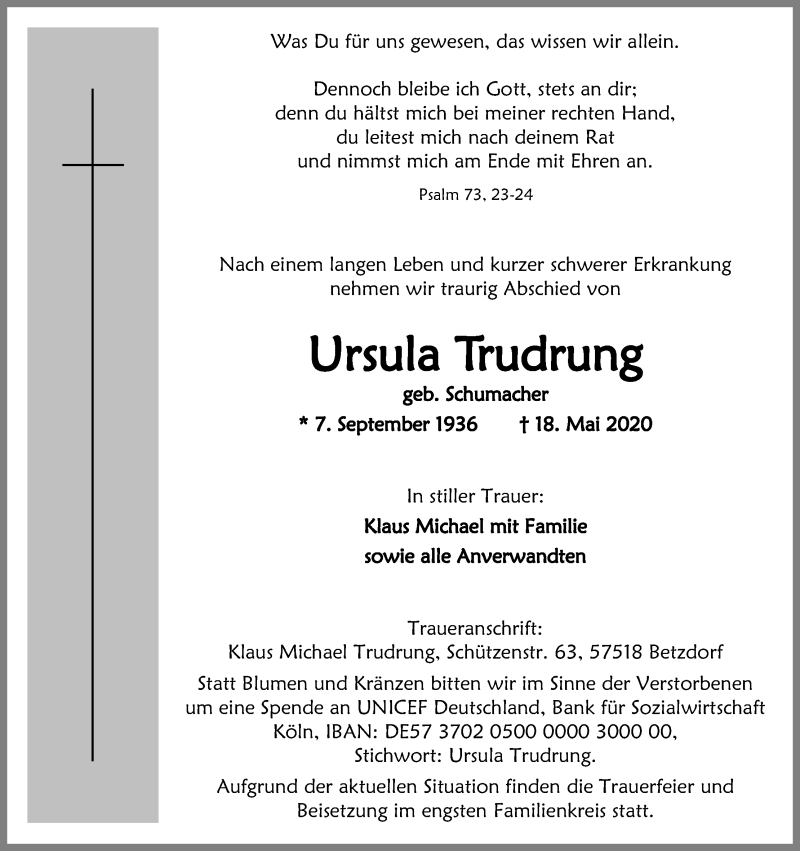  Traueranzeige für Ursula Trudrung vom 30.05.2020 aus Kölner Stadt-Anzeiger / Kölnische Rundschau / Express