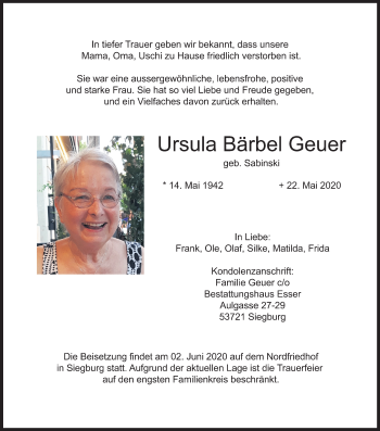 Anzeige von Ursula Bärbel Geuer von Kölner Stadt-Anzeiger / Kölnische Rundschau / Express