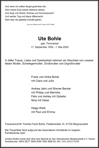 Anzeige von Ute Bohle von Kölner Stadt-Anzeiger / Kölnische Rundschau / Express