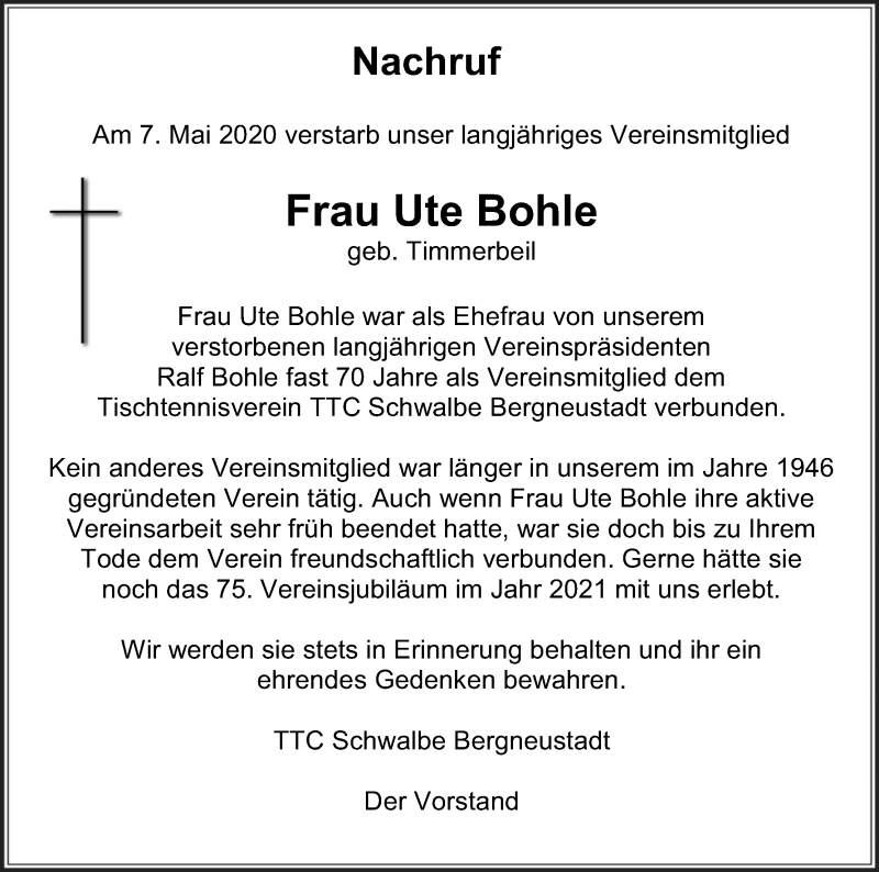  Traueranzeige für Ute Bohle vom 16.05.2020 aus Kölner Stadt-Anzeiger / Kölnische Rundschau / Express