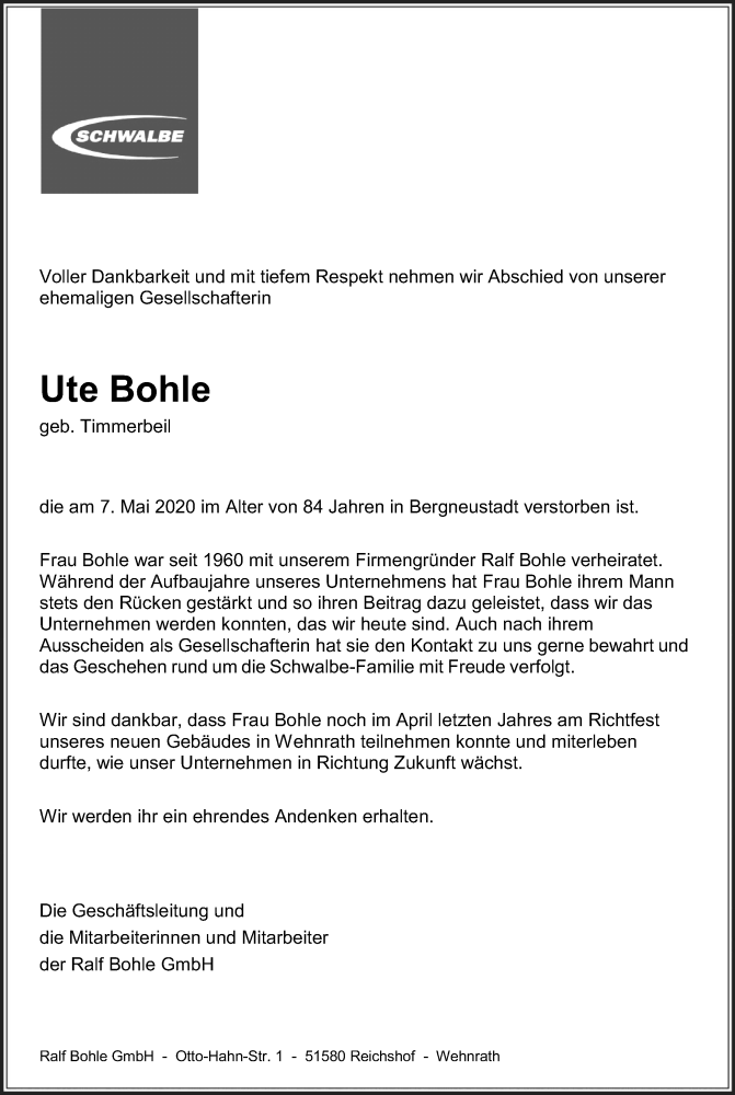  Traueranzeige für Ute Bohle vom 16.05.2020 aus Kölner Stadt-Anzeiger / Kölnische Rundschau / Express