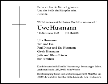 Anzeige von Uwe Husmann von Kölner Stadt-Anzeiger / Kölnische Rundschau / Express