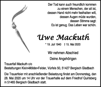 Anzeige von Uwe Mackuth von Kölner Stadt-Anzeiger / Kölnische Rundschau / Express