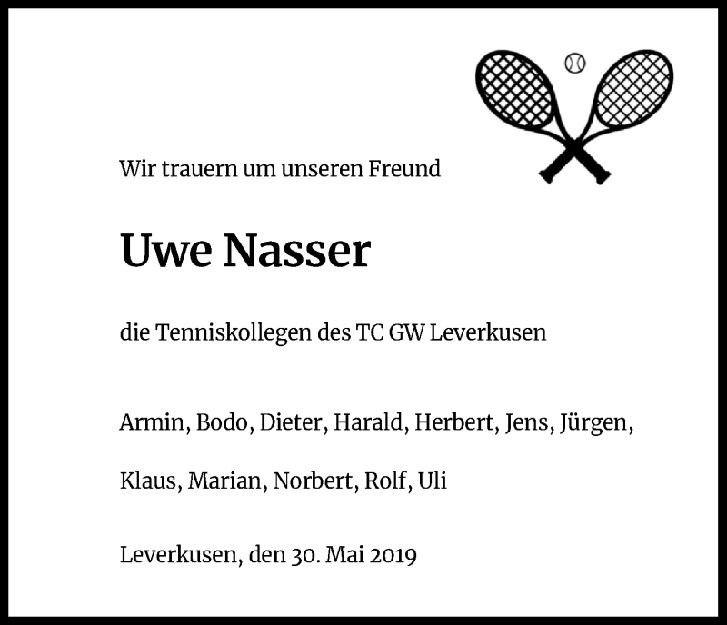  Traueranzeige für Uwe Nasser vom 30.05.2020 aus Kölner Stadt-Anzeiger / Kölnische Rundschau / Express