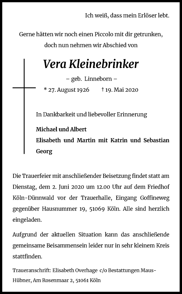  Traueranzeige für Vera Kleinebrinker vom 30.05.2020 aus Kölner Stadt-Anzeiger / Kölnische Rundschau / Express