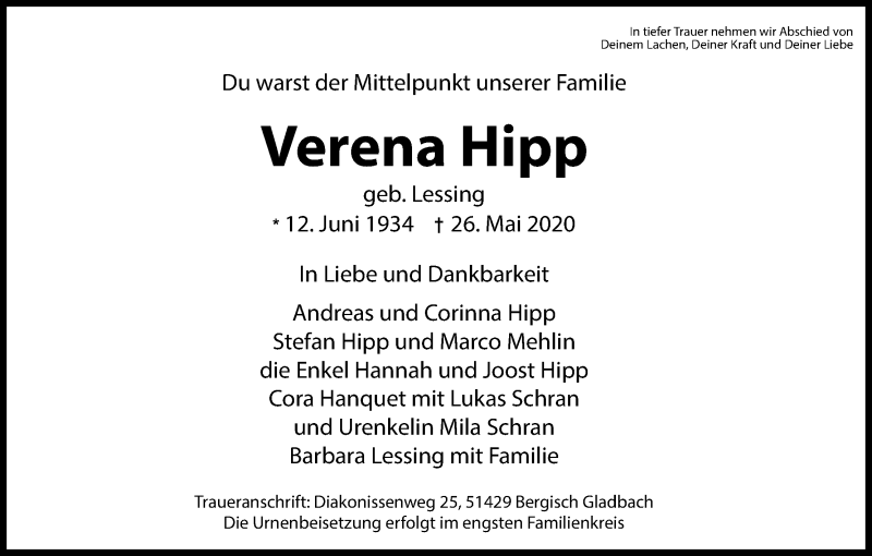  Traueranzeige für Verena Hipp vom 30.05.2020 aus Kölner Stadt-Anzeiger / Kölnische Rundschau / Express
