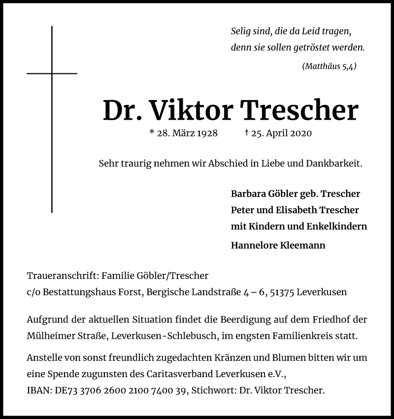  Traueranzeige für Viktor Trescher vom 02.05.2020 aus Kölner Stadt-Anzeiger / Kölnische Rundschau / Express