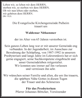 Anzeige von Waldemar Niethammer von  Wochenende 