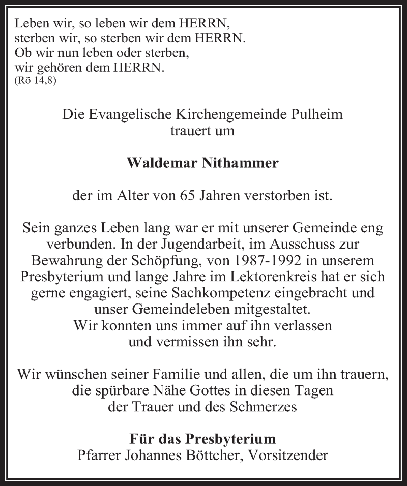  Traueranzeige für Waldemar Niethammer vom 08.05.2020 aus  Wochenende 