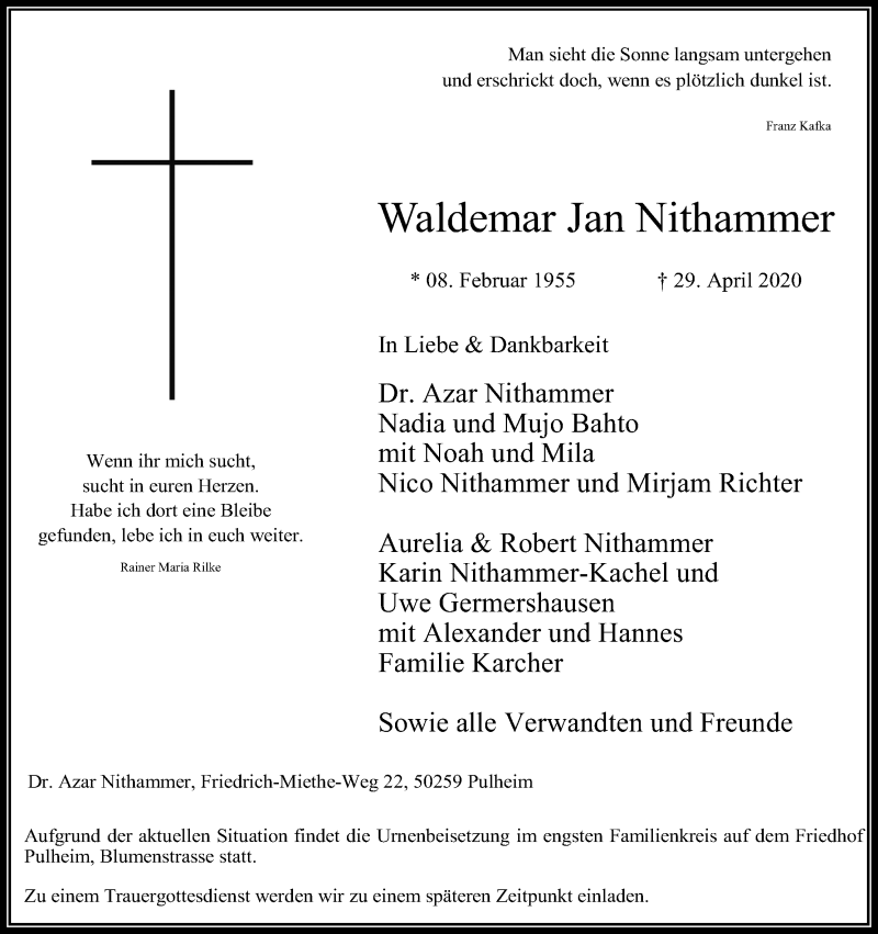  Traueranzeige für Waldemar Jan Nithammer vom 09.05.2020 aus Kölner Stadt-Anzeiger / Kölnische Rundschau / Express