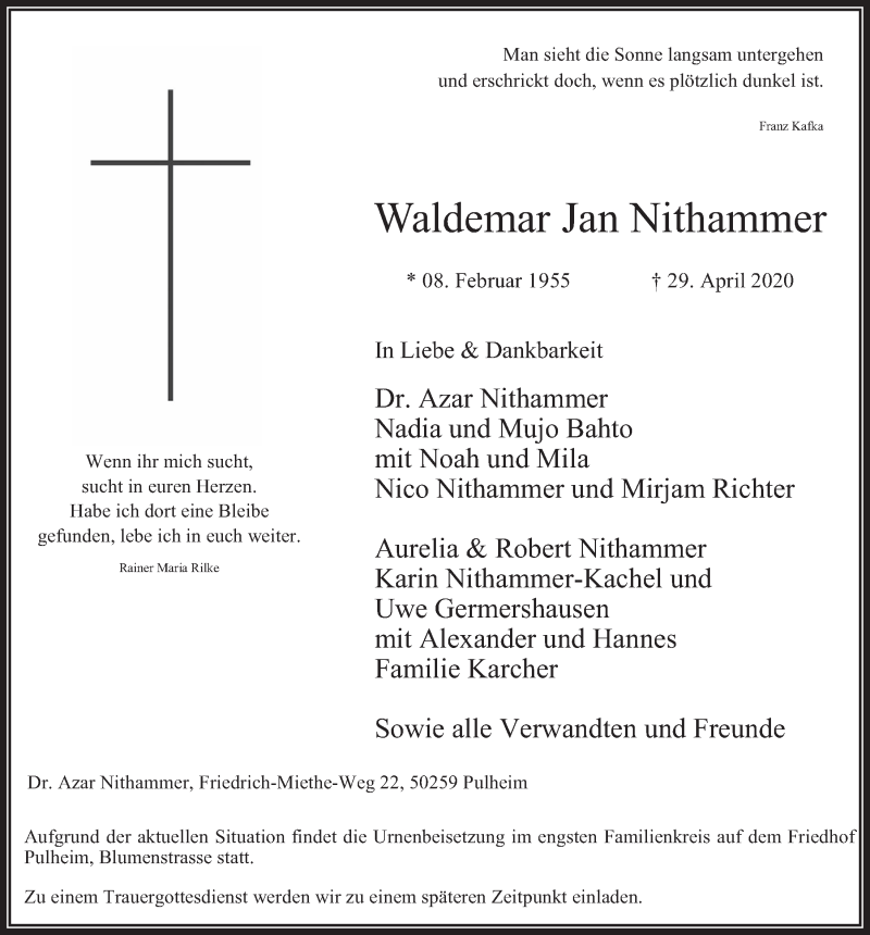  Traueranzeige für Waldemar Jan Nithammer vom 08.05.2020 aus  Wochenende 