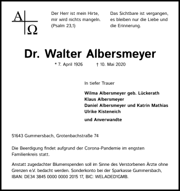 Anzeige von Walter Albersmeyer von Kölner Stadt-Anzeiger / Kölnische Rundschau / Express