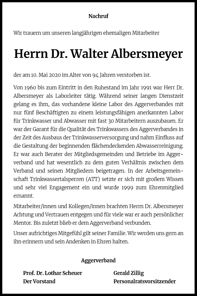  Traueranzeige für Walter Albersmeyer vom 18.05.2020 aus Kölner Stadt-Anzeiger / Kölnische Rundschau / Express