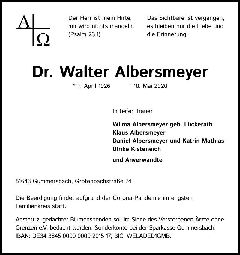  Traueranzeige für Walter Albersmeyer vom 16.05.2020 aus Kölner Stadt-Anzeiger / Kölnische Rundschau / Express