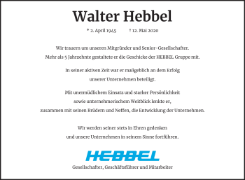 Anzeige von Walter Hebbel von Kölner Stadt-Anzeiger / Kölnische Rundschau / Express