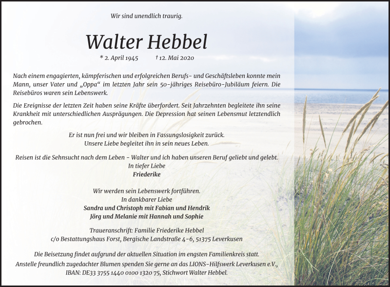  Traueranzeige für Walter Hebbel vom 16.05.2020 aus Kölner Stadt-Anzeiger / Kölnische Rundschau / Express