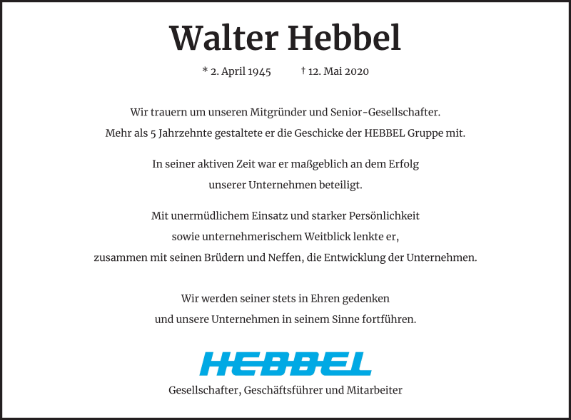  Traueranzeige für Walter Hebbel vom 16.05.2020 aus Kölner Stadt-Anzeiger / Kölnische Rundschau / Express